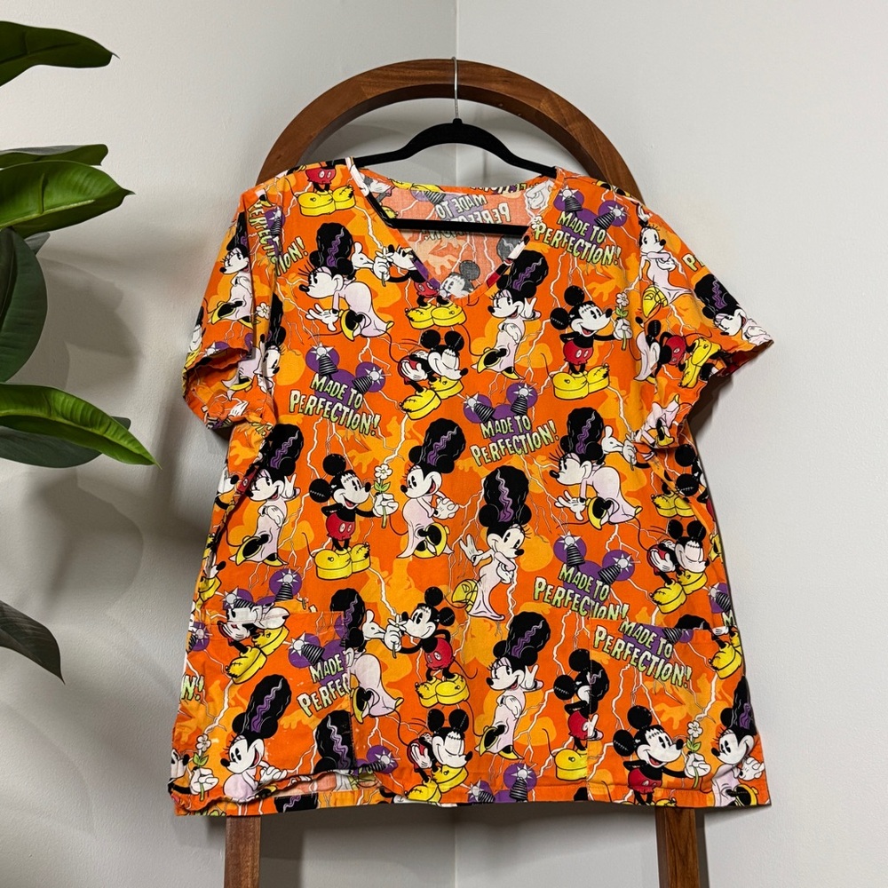Disney XL Mickey Minnie Mouse Bride of Frankenstein Orange Scrub Top